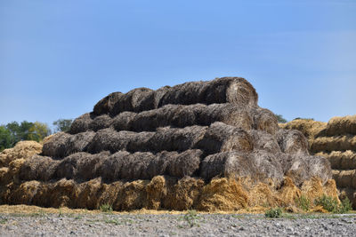 Low angle view of rocks against clear sky