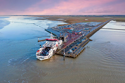 Aerial from the ferry from ameland arriving at holwerd in the netherlands