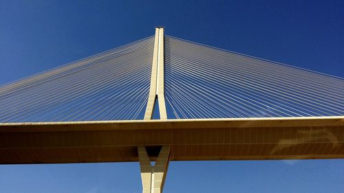 Low angle view of bridge against clear blue sky