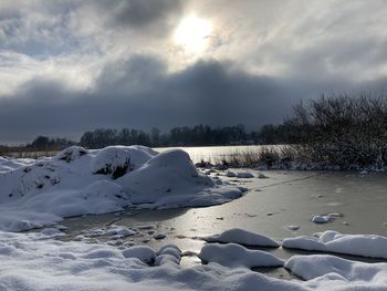 Snow covered land and trees against sky during winter