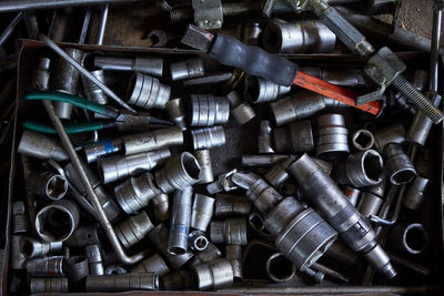 High angle view of work tools