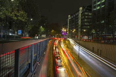 Light trails on road at night