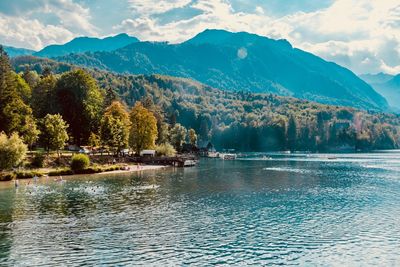 Scenic view of lake and mountains against sky