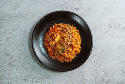 High angle view of food in bowl on table