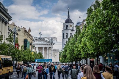 People in front of building