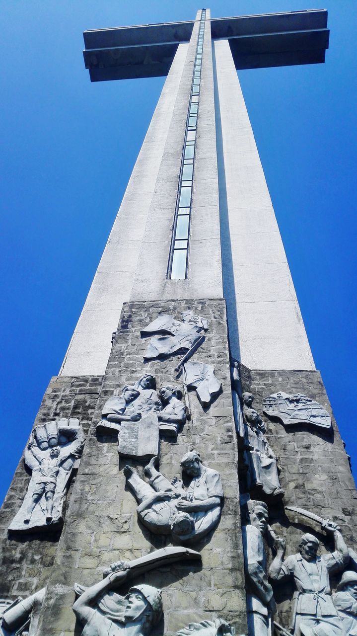 architecture, built structure, low angle view, building exterior, clear sky, blue, sunlight, day, outdoors, old, shadow, building, wall - building feature, no people, history, sky, stone material, sunny, copy space, weathered