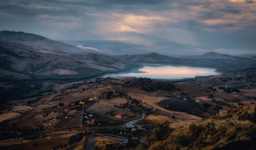 High angle view of landscape against sky during sunset