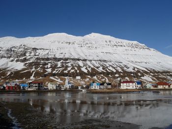 Scenic view of snowcapped mountains against clear sky