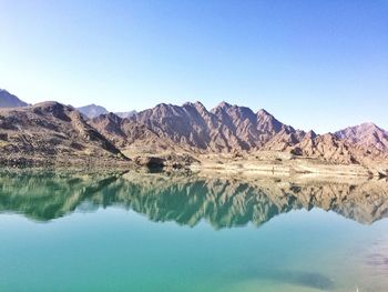 Reflection of mountains in lake against clear blue sky