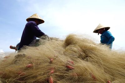 Rear view of men working on field