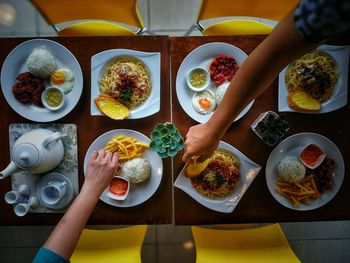 High angle view of food served on table