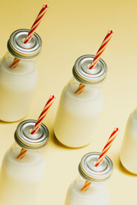 High angle view of milk in bottles