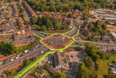 High angle view of road amidst buildings in city