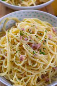 Close-up of noodles served in bowl