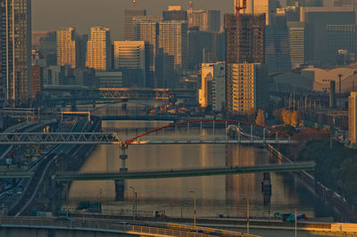 High angle view of river amidst buildings in city