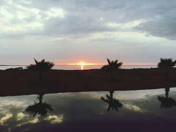 Silhouette trees on landscape against sky during sunset