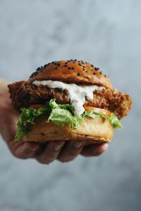 Close-up of hand holding burger