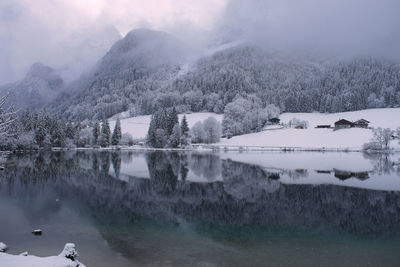 Scenic view of lake against sky during winter