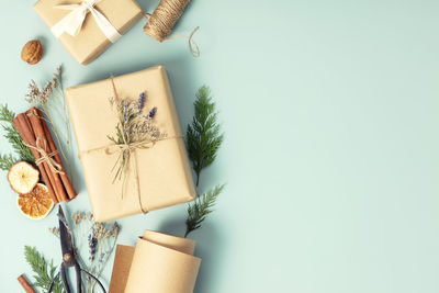 Directly above shot of christmas decorations on white background