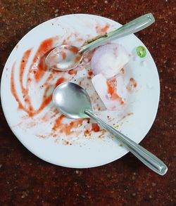 High angle view of breakfast served on table