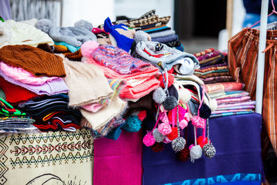 Street sale of cold weather clothing made in wool at caldas square in the center of  popayan