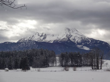 Scenic view of snow covered mountains against sky