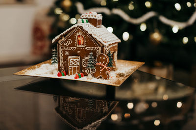 Close-up of christmas decorations on table