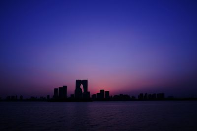 City at waterfront during sunset