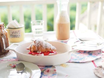 High angle view of breakfast served on table