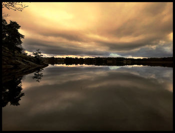 Scenic view of lake against cloudy sky