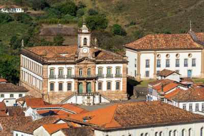 High angle view of buildings in town