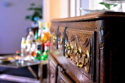 Close-up of wooden cabinet at home