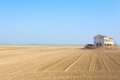 Scenic view of agricultural field against clear blue sky