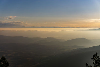 Scenic view of mountains against sky during sunset