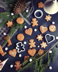 High angle view of christmas decorations on table