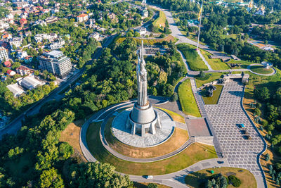 Aerial view of the mother motherland monument in kiev.