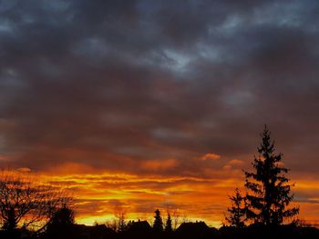 Silhouette trees against dramatic sky during sunset