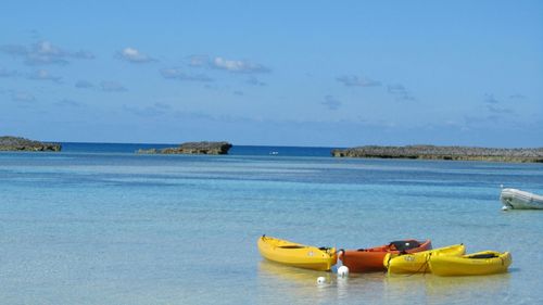 Kayaks moored in sea