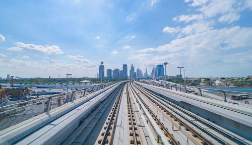 Railroad tracks amidst buildings in city against sky