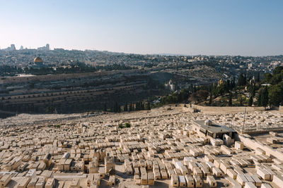 High angle view of cityscape against clear sky