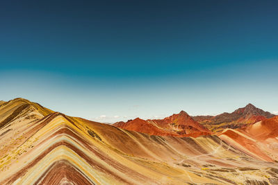 Scenic view of mountains against clear blue sky