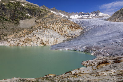 Scenic view of lake and snowcapped mountains against sky