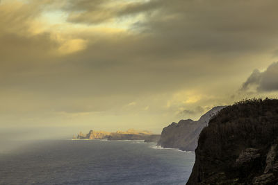 Scenic view of sea by rocky mountains against sky