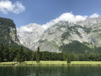 Scenic view of mountains and lake against sky