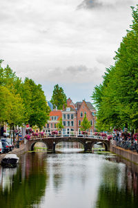 Bridge over river by buildings against sky