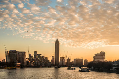 City at waterfront during sunset