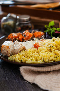 Close-up of food served on table