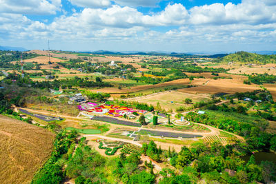 High angle view of agricultural field against sky