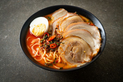 High angle view of food in bowl on table