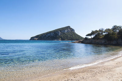 Scenic view of bay against clear sky